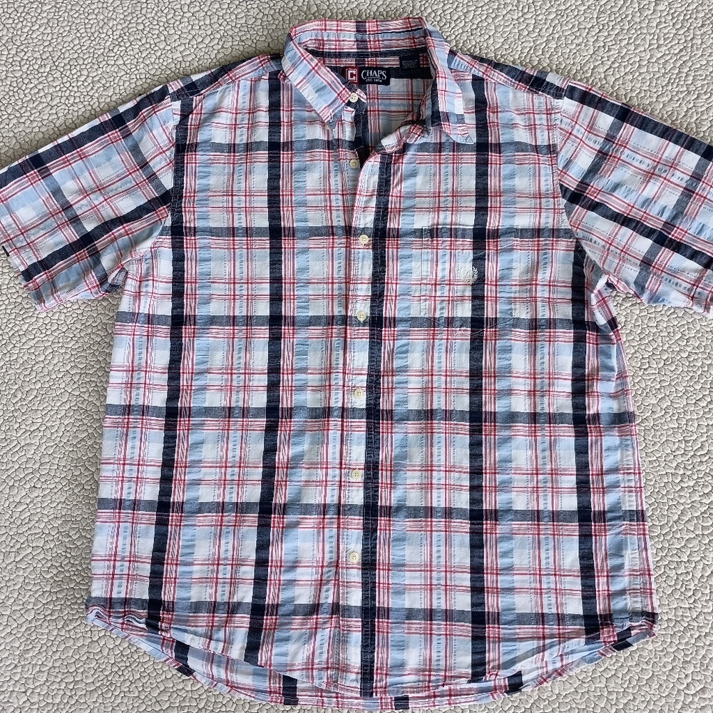 Chaps Mens Shirt XL Mens Short Sleeve Shirt Casual Blue Plaid Travel Shirt